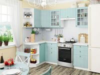 Небольшая угловая кухня в голубом и белом цвете Пермь